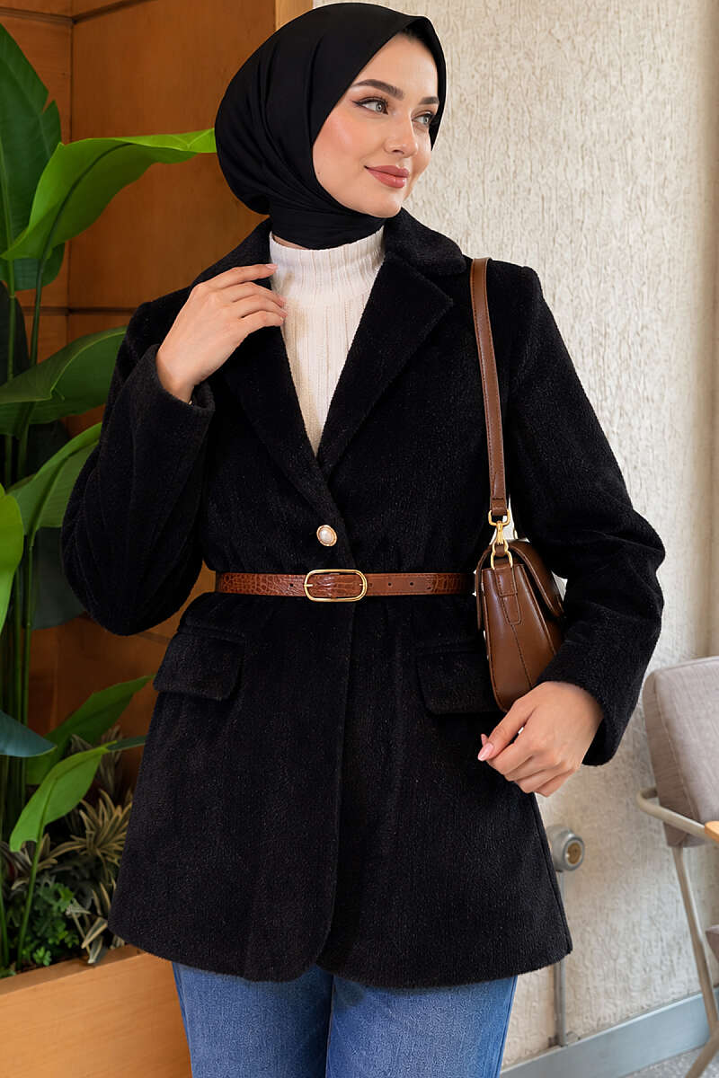 Belted Single-Button Brushed Jacket - Black