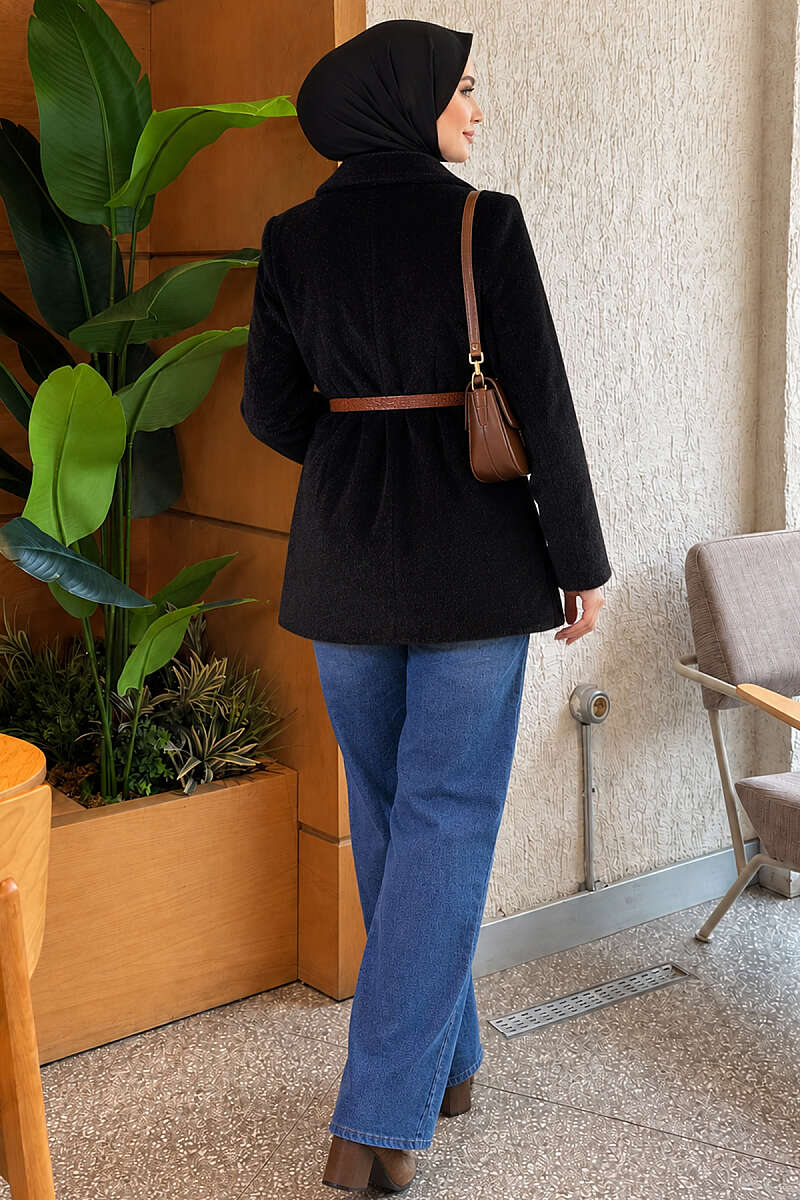 Belted Single-Button Brushed Jacket - Black