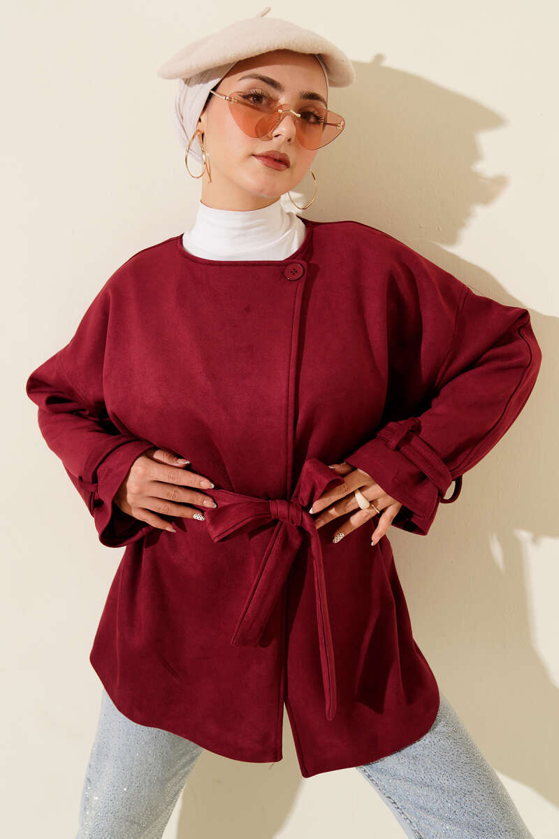Belted Single-Button Suede Jacket - Burgundy
