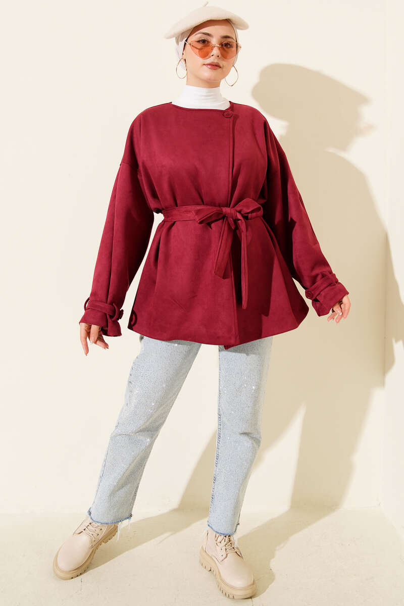 Belted Single-Button Suede Jacket - Burgundy