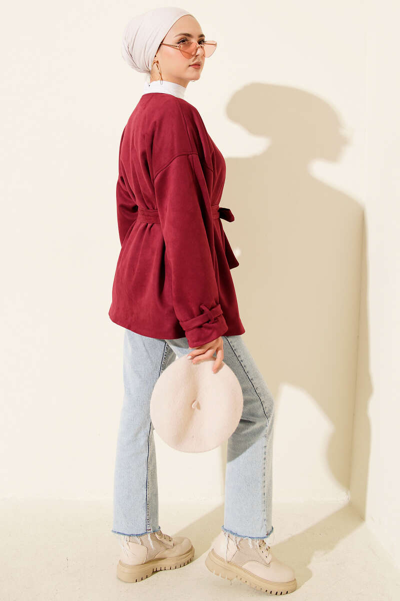 Belted Single-Button Suede Jacket - Burgundy