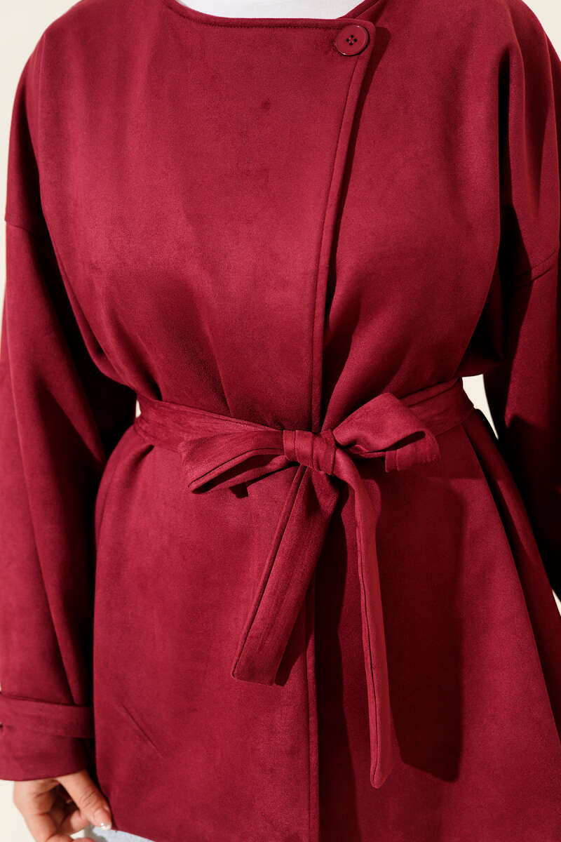 Belted Single-Button Suede Jacket - Burgundy