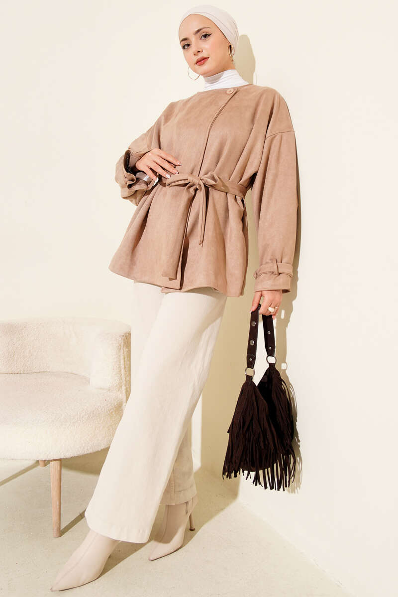 Belted Single-Button Suede Jacket - Latte