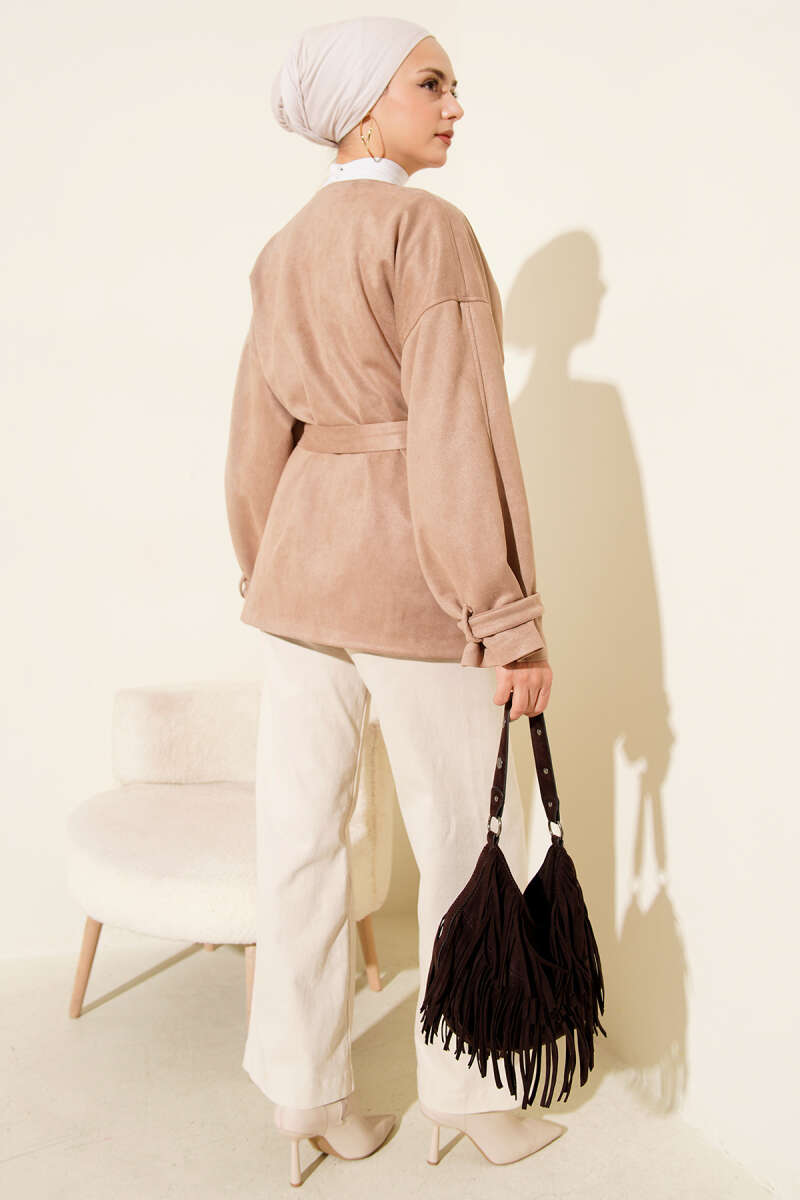 Belted Single-Button Suede Jacket - Latte