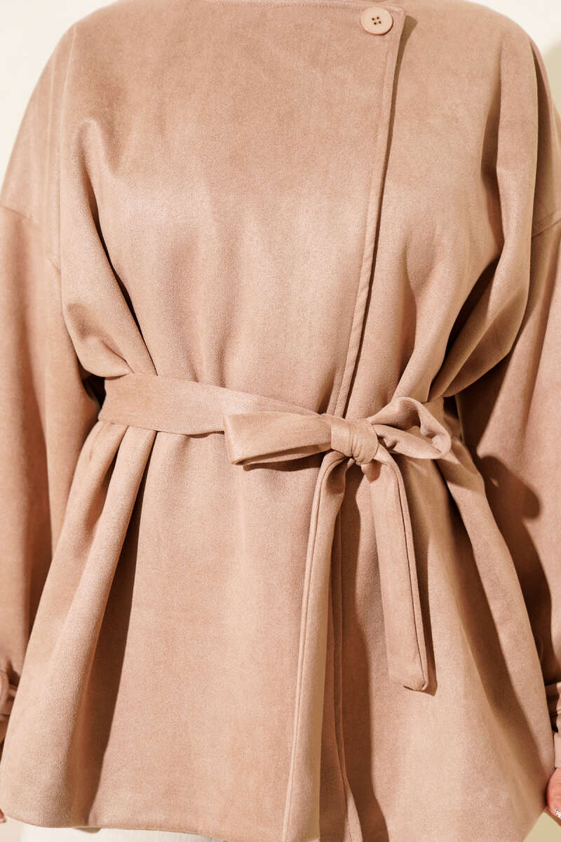 Belted Single-Button Suede Jacket - Latte