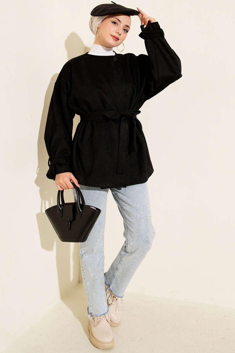Belted Single-Button Suede Jacket - Black