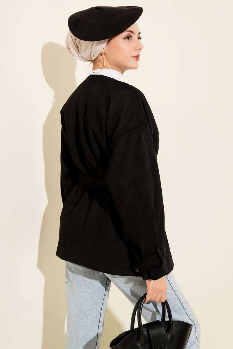 Belted Single-Button Suede Jacket - Black