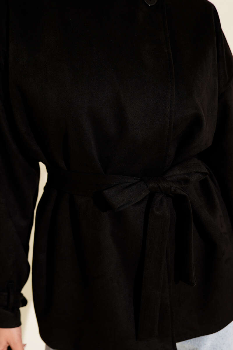 Belted Single-Button Suede Jacket - Black