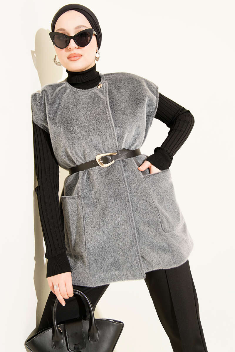 Single-Button Fluffy Vest - Smoke Grey