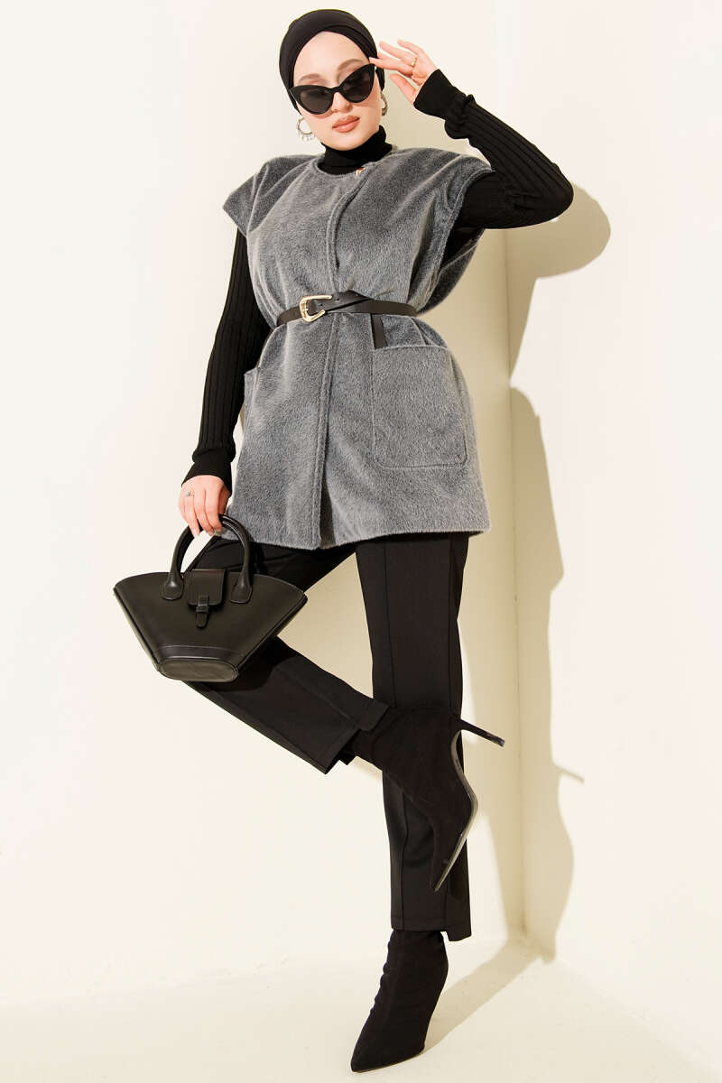 Single-Button Fluffy Vest - Smoke Grey