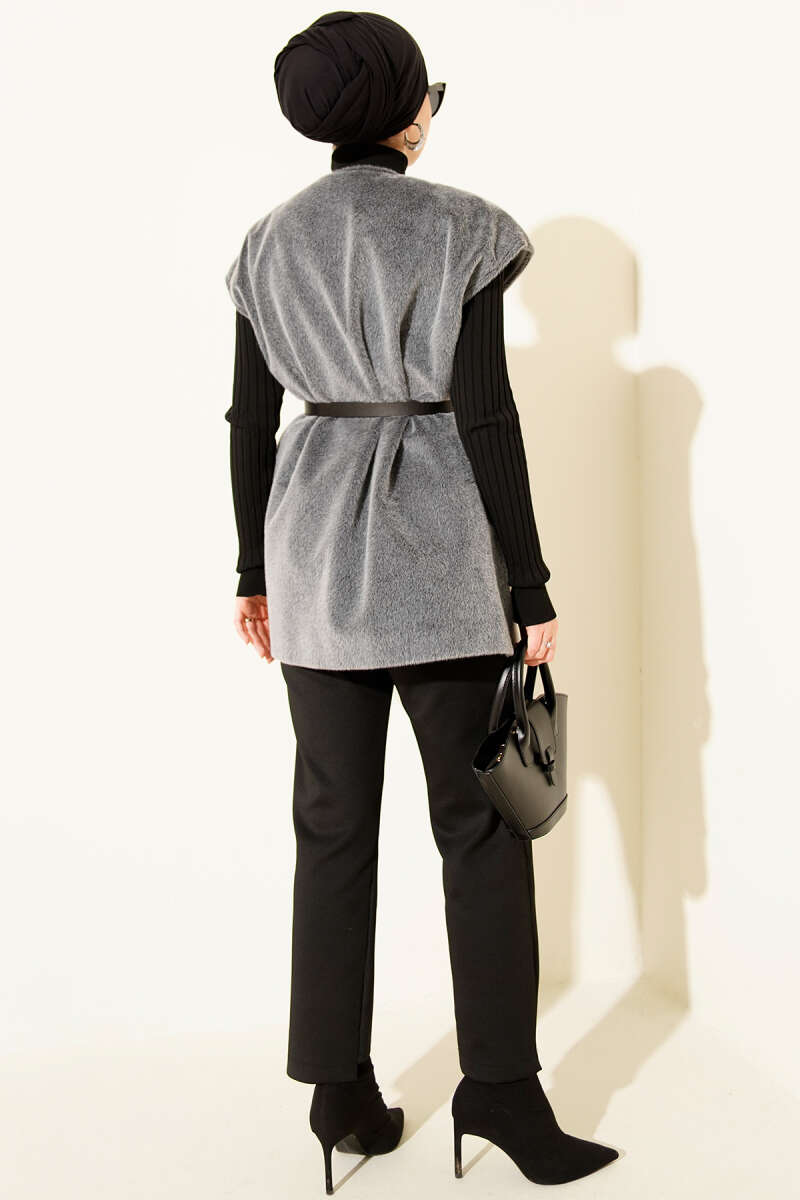 Single-Button Fluffy Vest - Smoke Grey
