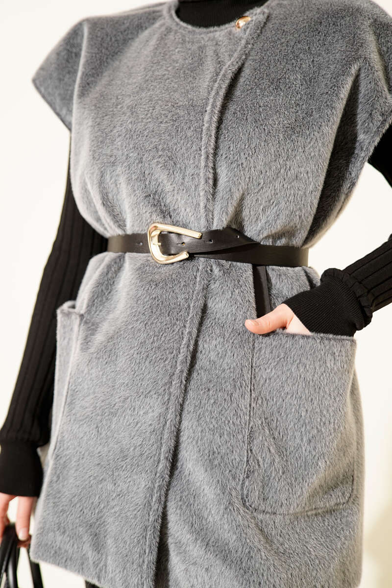 Single-Button Fluffy Vest - Smoke Grey