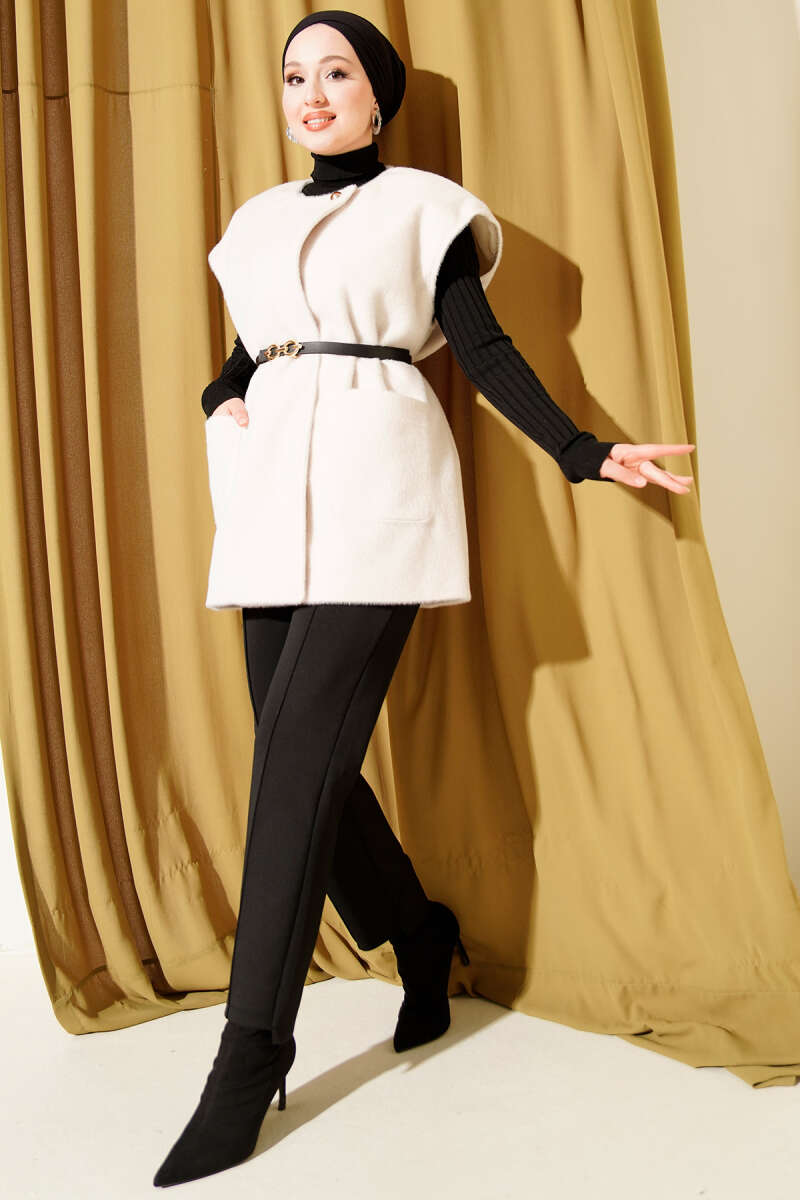 Single-Button Fluffy Vest - Stone