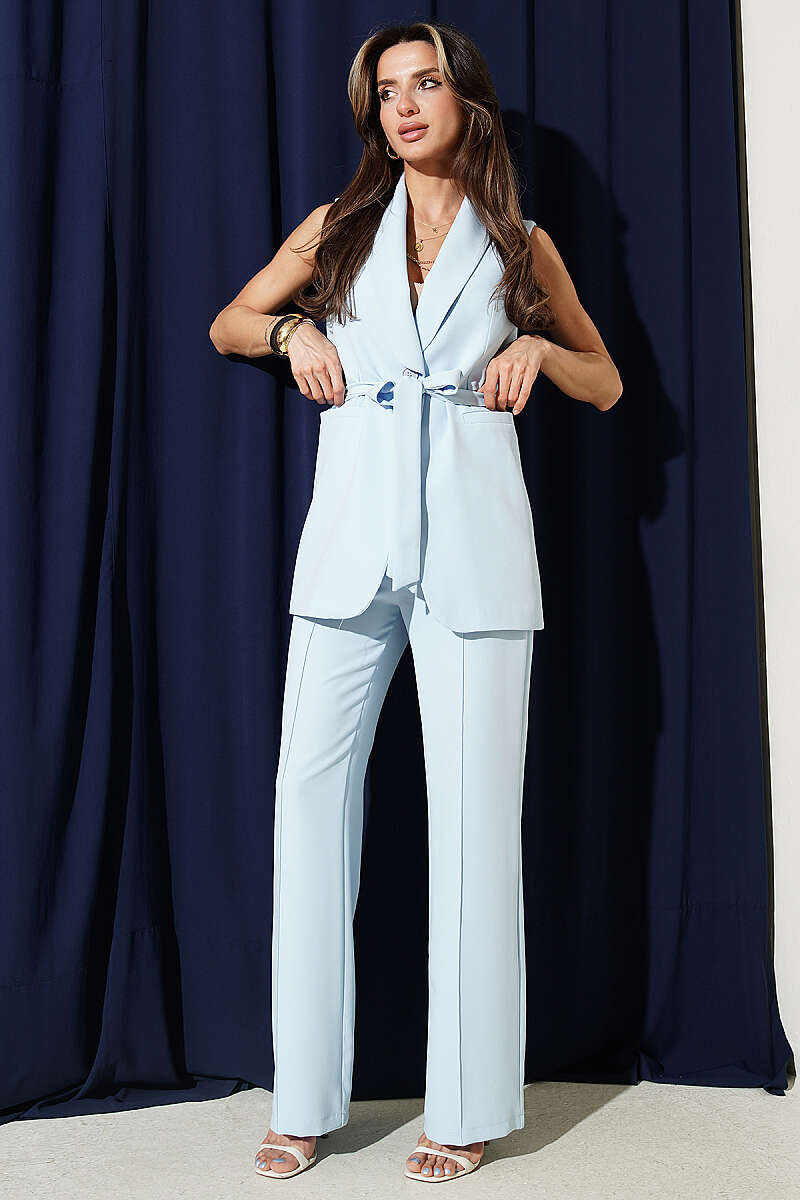Long Single-Button Vest Two-Piece Set - Light Blue