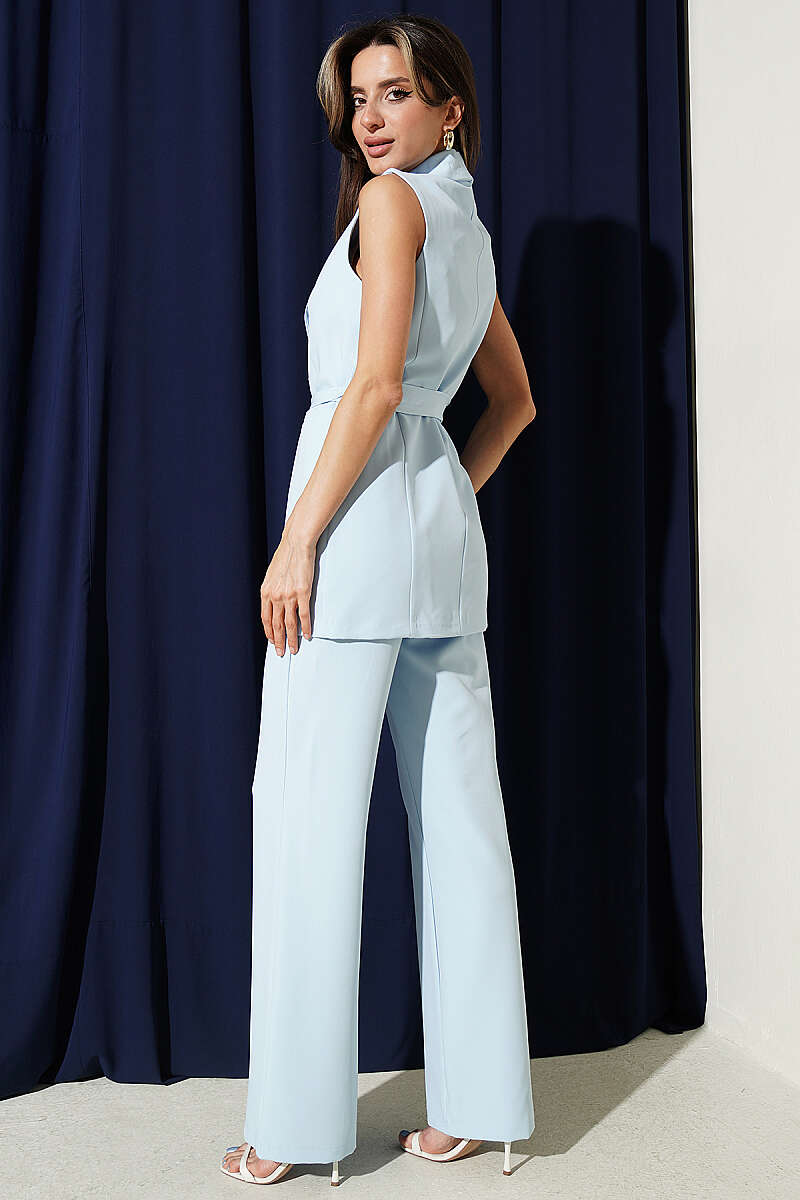 Long Single-Button Vest Two-Piece Set - Light Blue