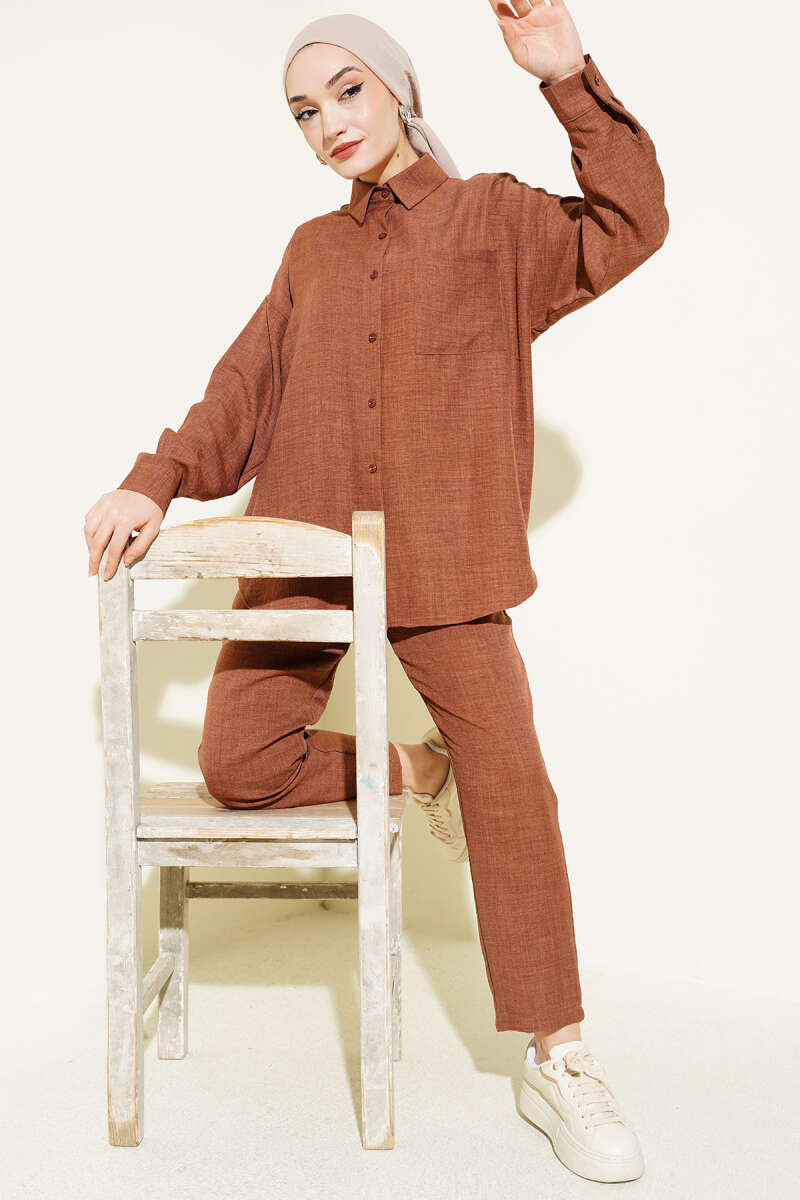 Shirt Two-Piece Set with Chest Pocket - Brown