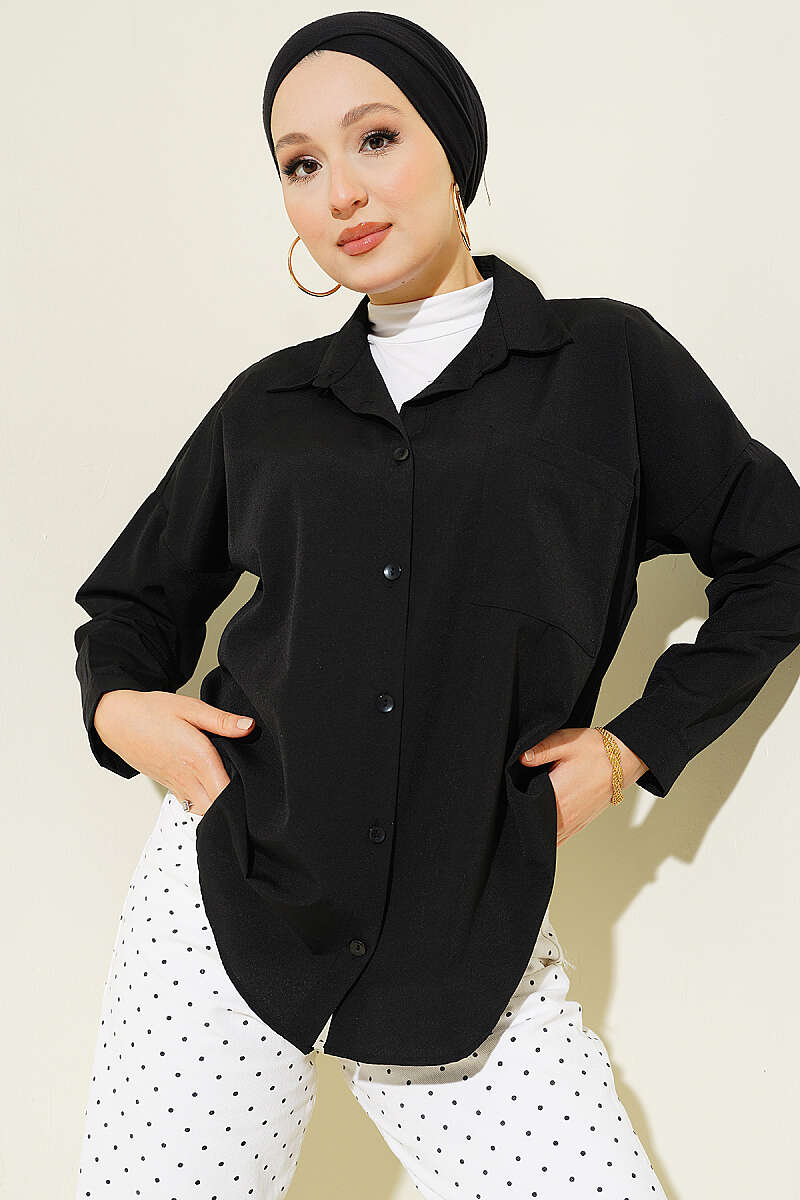 Loose Shirt with Single Chest Pocket - Black