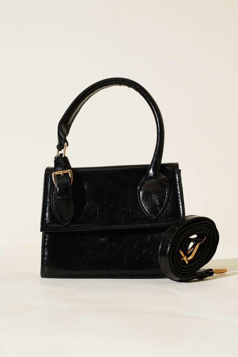 Patent Bag with Single Belt Detail - Black