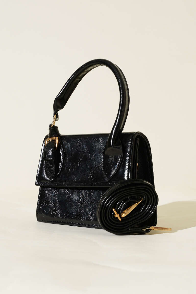 Patent Bag with Single Belt Detail - Black