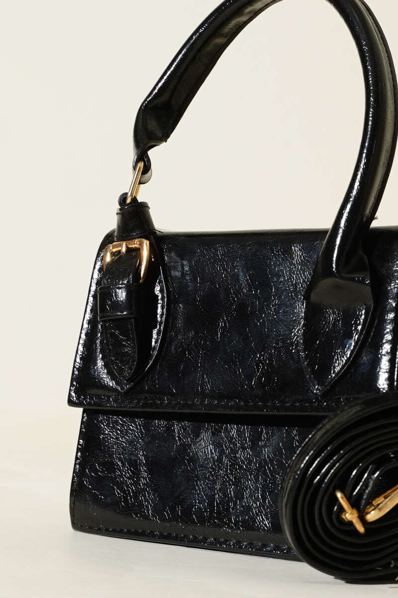 Patent Bag with Single Belt Detail - Black