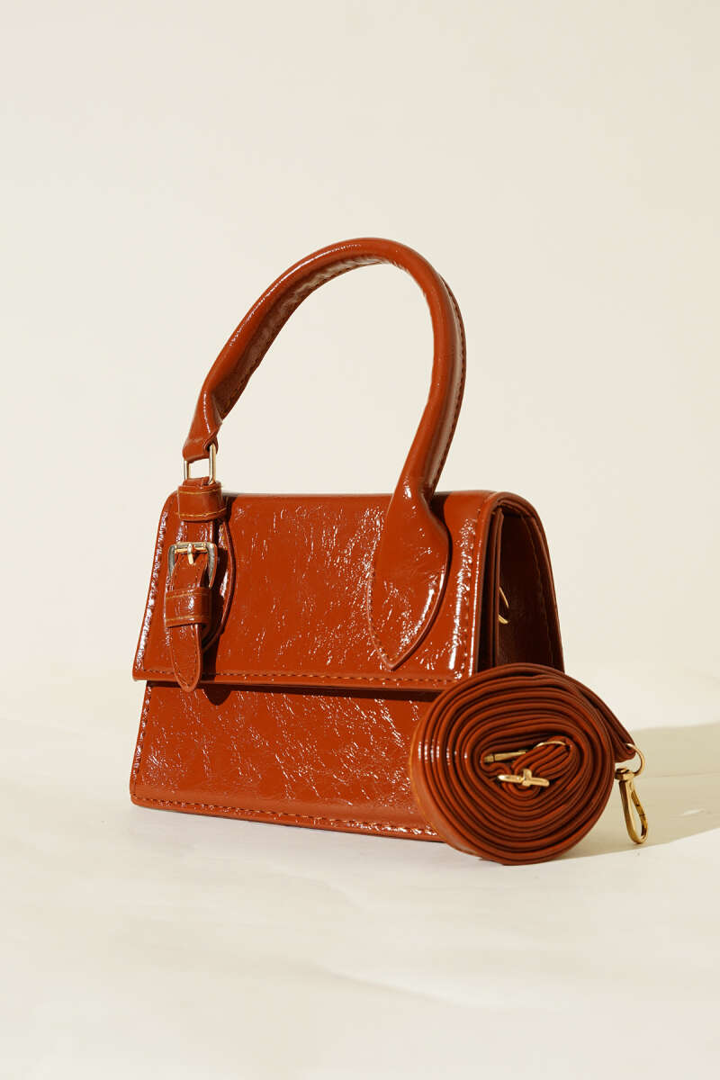 Patent Bag with Single Belt Detail - Tan