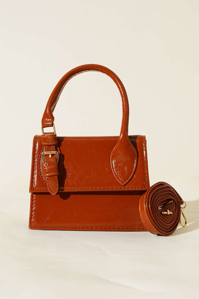 Patent Bag with Single Belt Detail - Tan