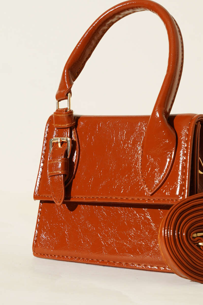 Patent Bag with Single Belt Detail - Tan