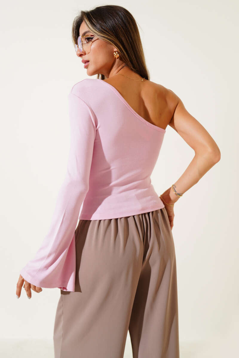 One-Sleeve Blouse with Metal Accessory - Pink