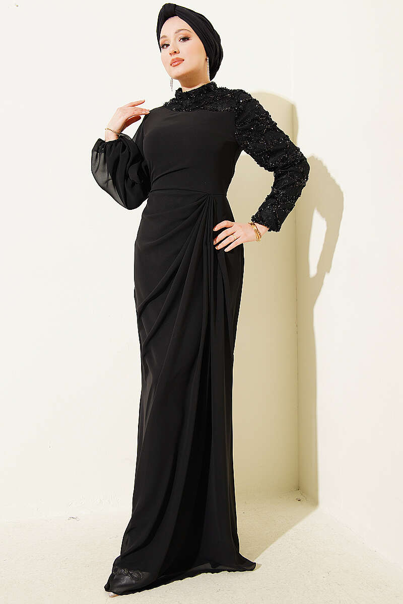 Evening Dress with Single Sequin Sleeve - Black