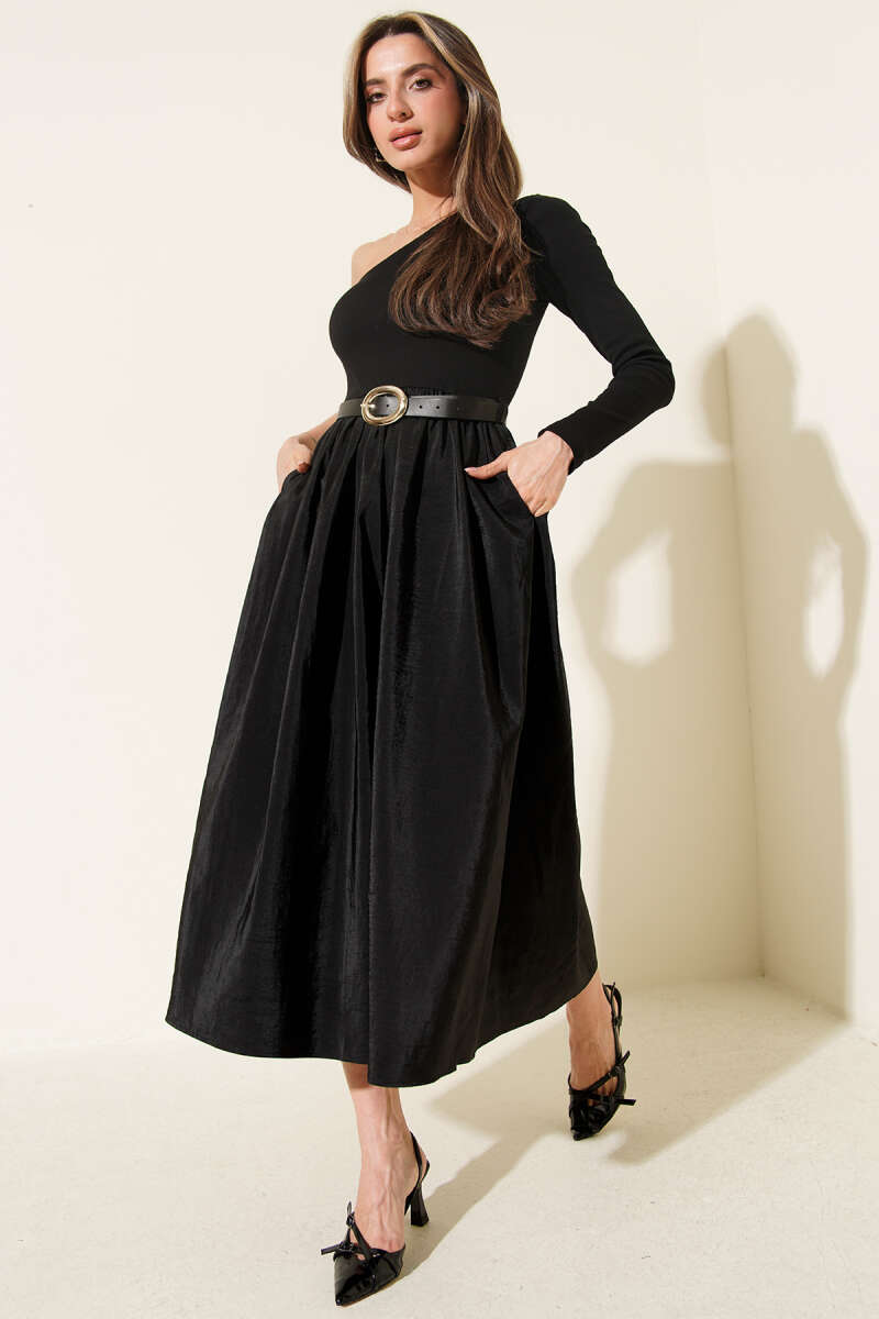 One-Sleeve Belted Parachute Midi Dress - Black
