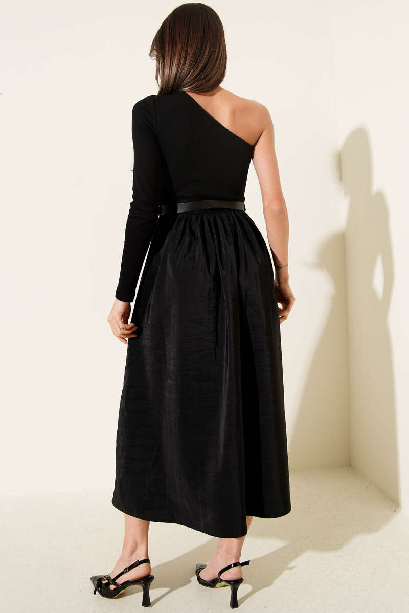 One-Sleeve Belted Parachute Midi Dress - Black