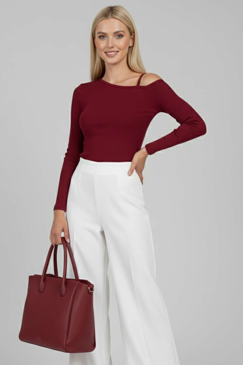 One-Shoulder Blouse with Cord Detail - Burgundy