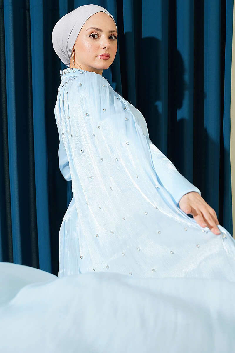 One-Shoulder Cape Evening Dress with Stones - Light Blue