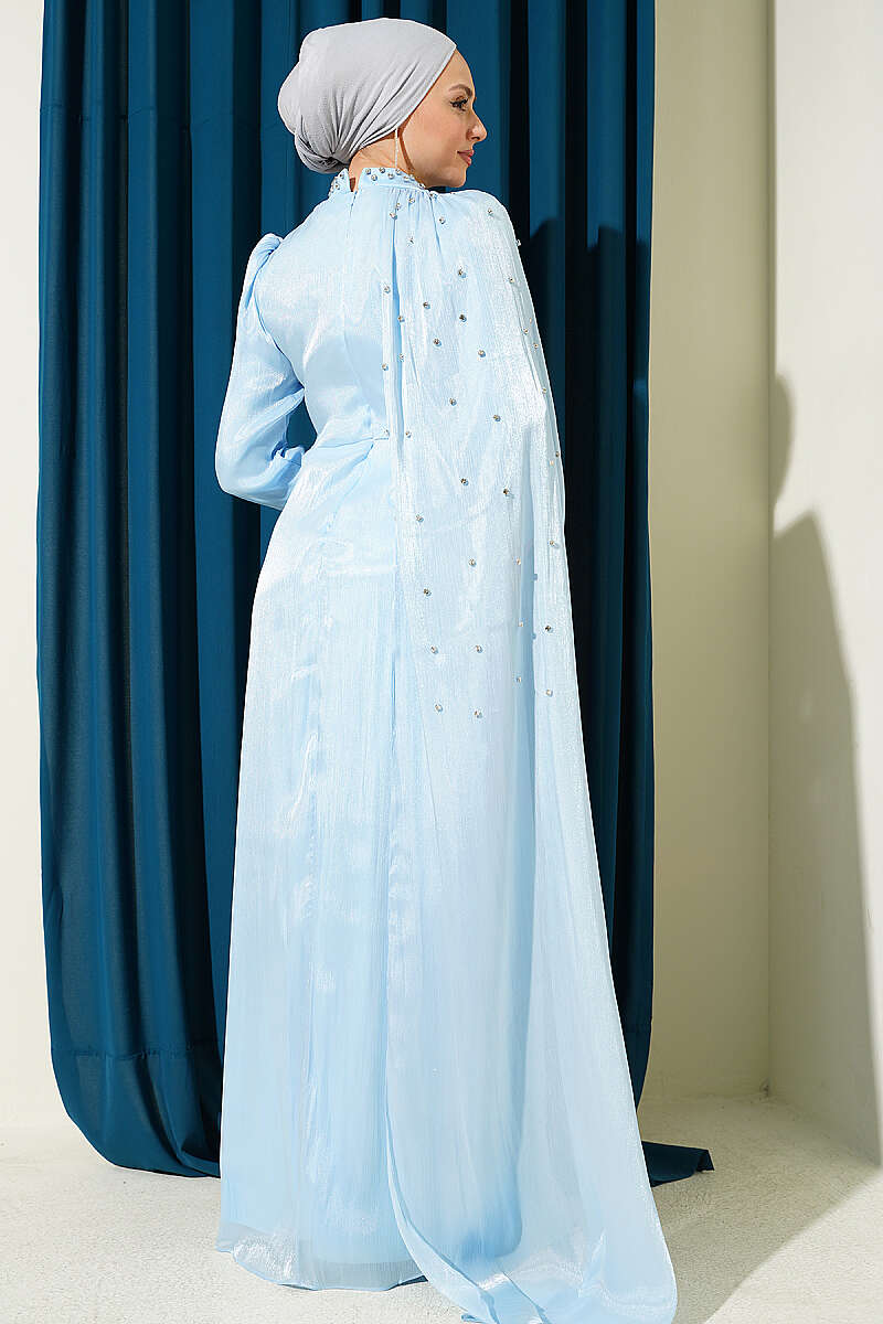 One-Shoulder Cape Evening Dress with Stones - Light Blue