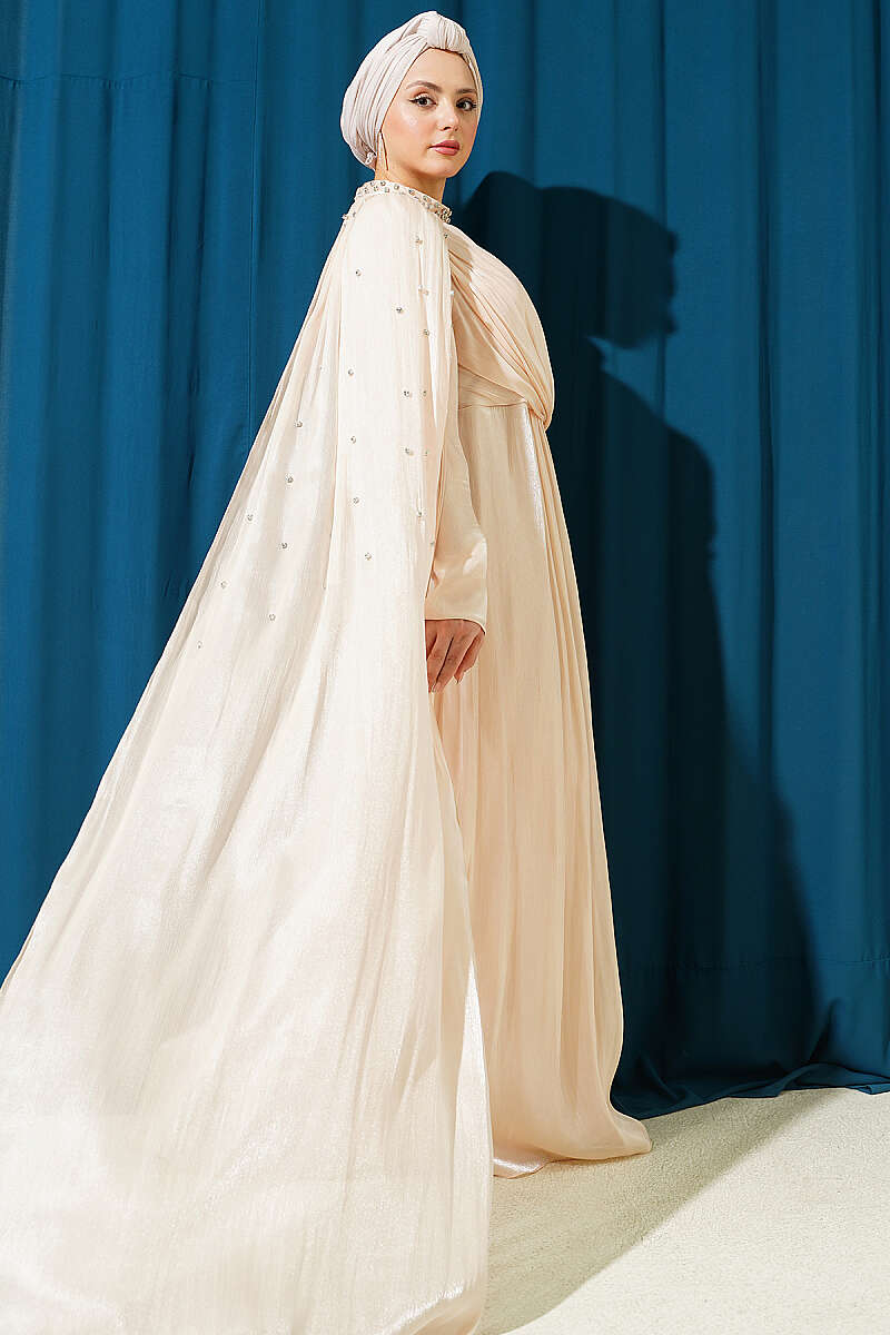 One-Shoulder Cape Evening Dress with Stones - Beige