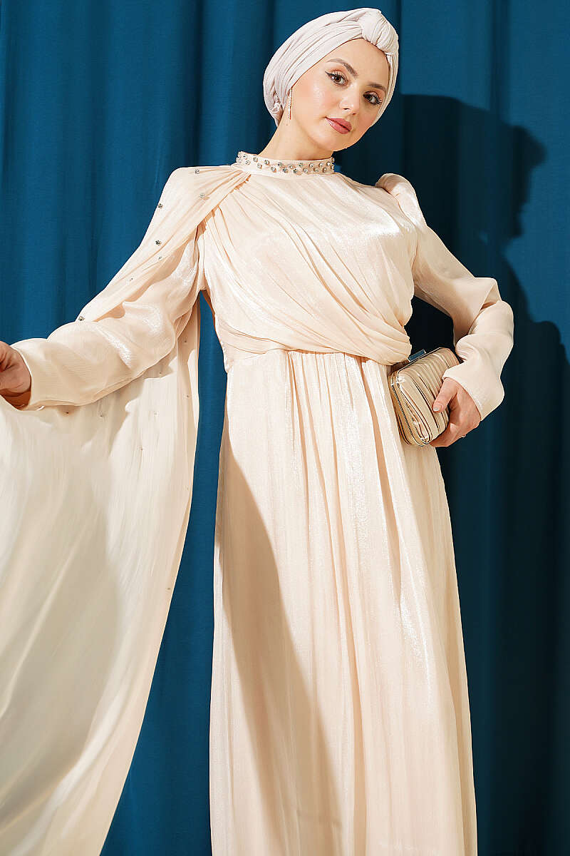 One-Shoulder Cape Evening Dress with Stones - Beige