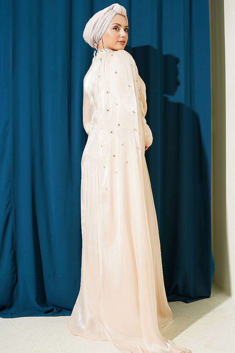 One-Shoulder Cape Evening Dress with Stones - Beige