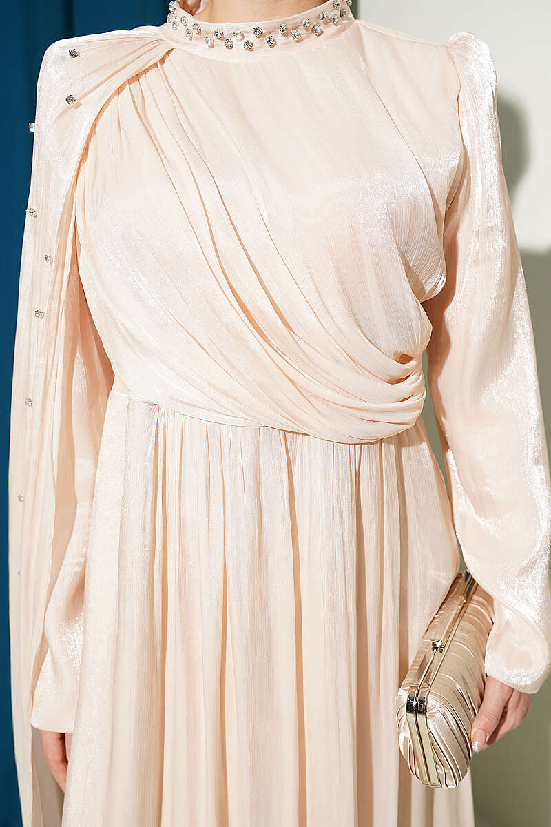 One-Shoulder Cape Evening Dress with Stones - Beige