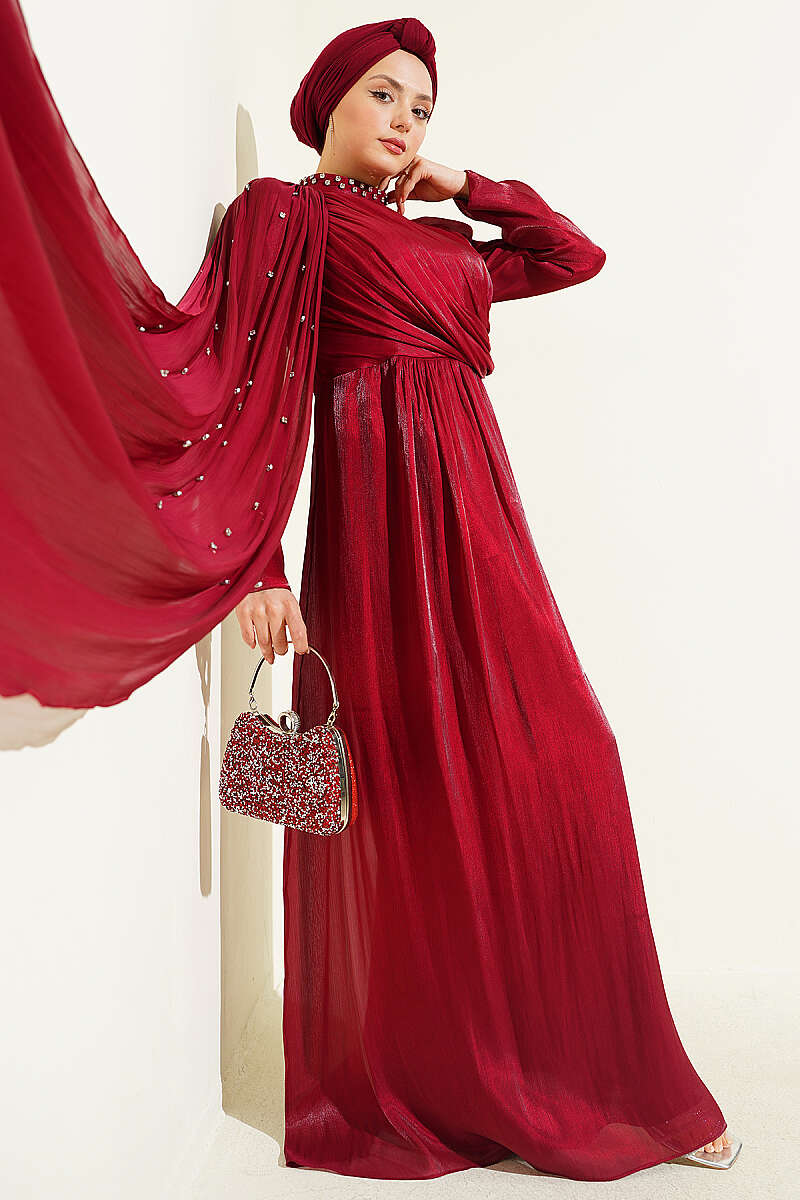 One-Shoulder Cape Evening Dress with Stones - Burgundy