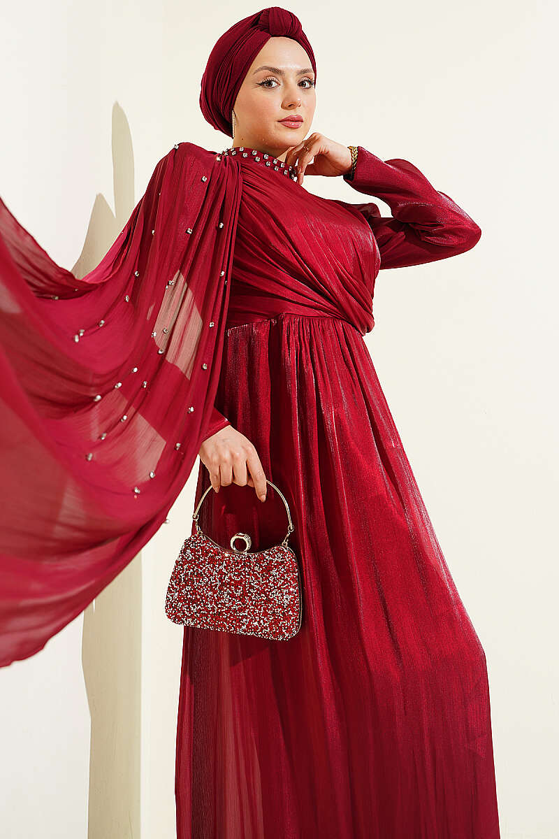 One-Shoulder Cape Evening Dress with Stones - Burgundy