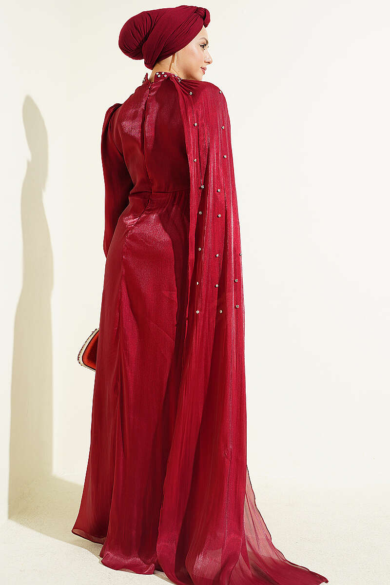 One-Shoulder Cape Evening Dress with Stones - Burgundy