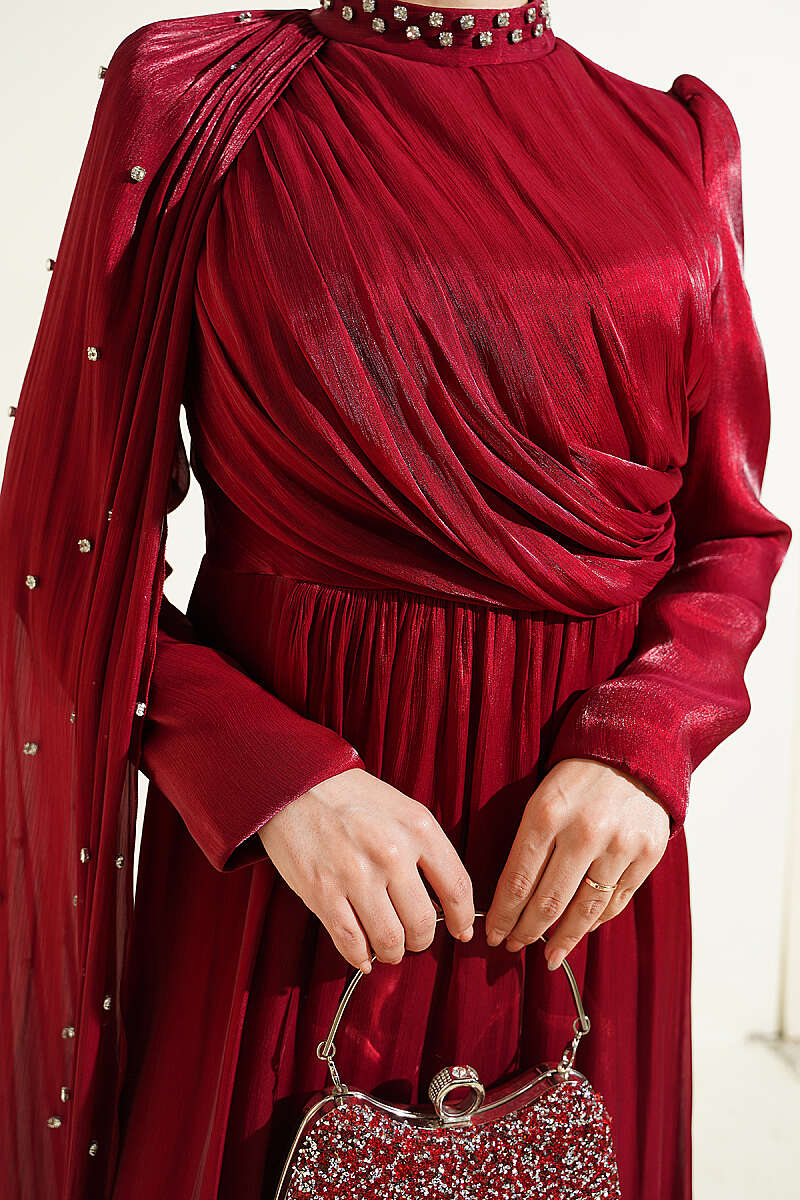 One-Shoulder Cape Evening Dress with Stones - Burgundy