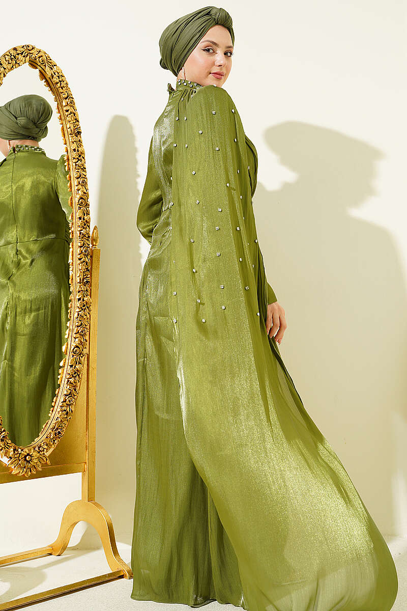 One-Shoulder Cape Evening Dress with Stones - Khaki