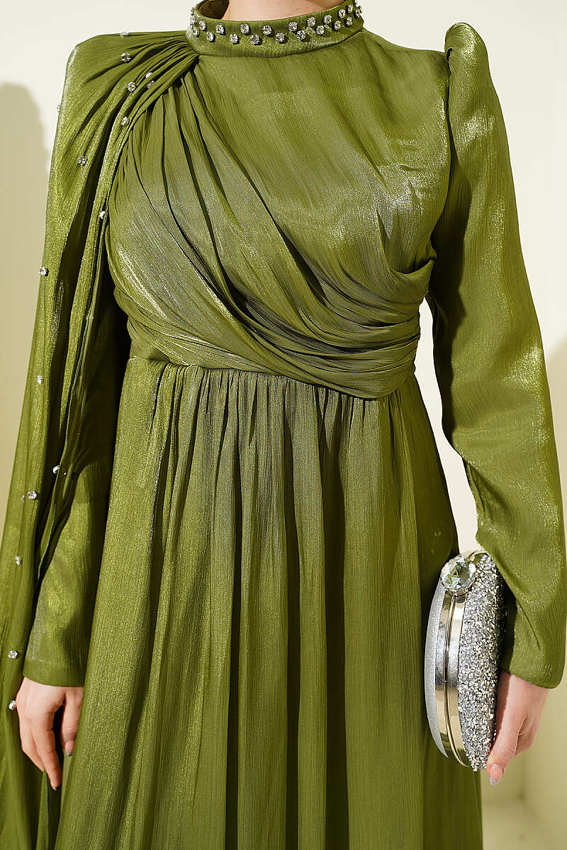 One-Shoulder Cape Evening Dress with Stones - Khaki