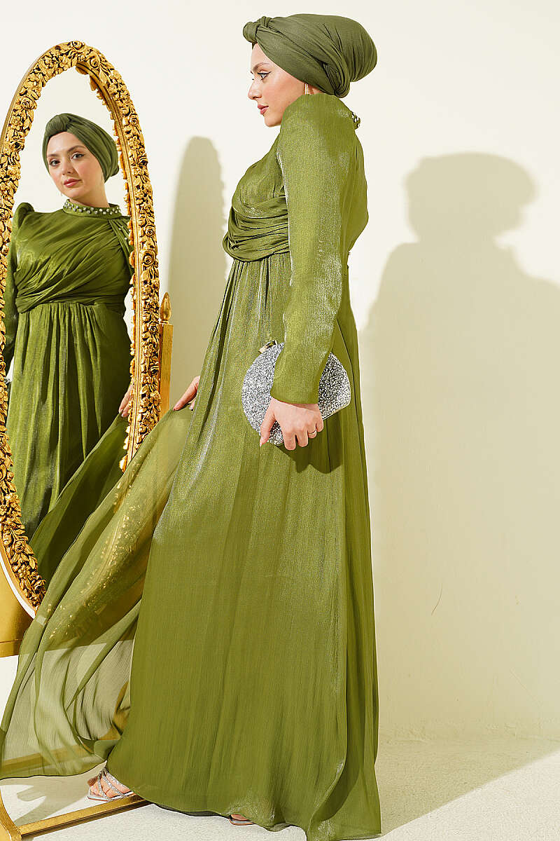 One-Shoulder Cape Evening Dress with Stones - Khaki