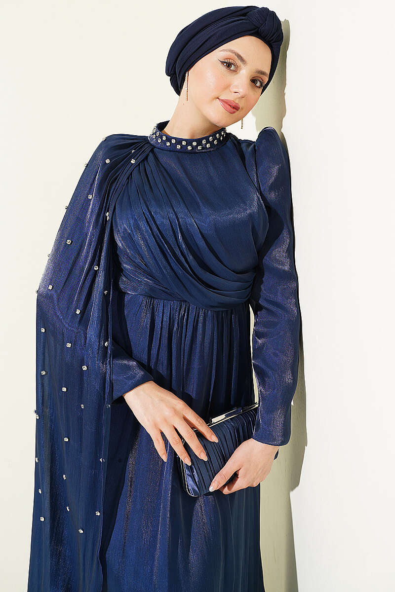 One-Shoulder Cape Evening Dress with Stones - Navy