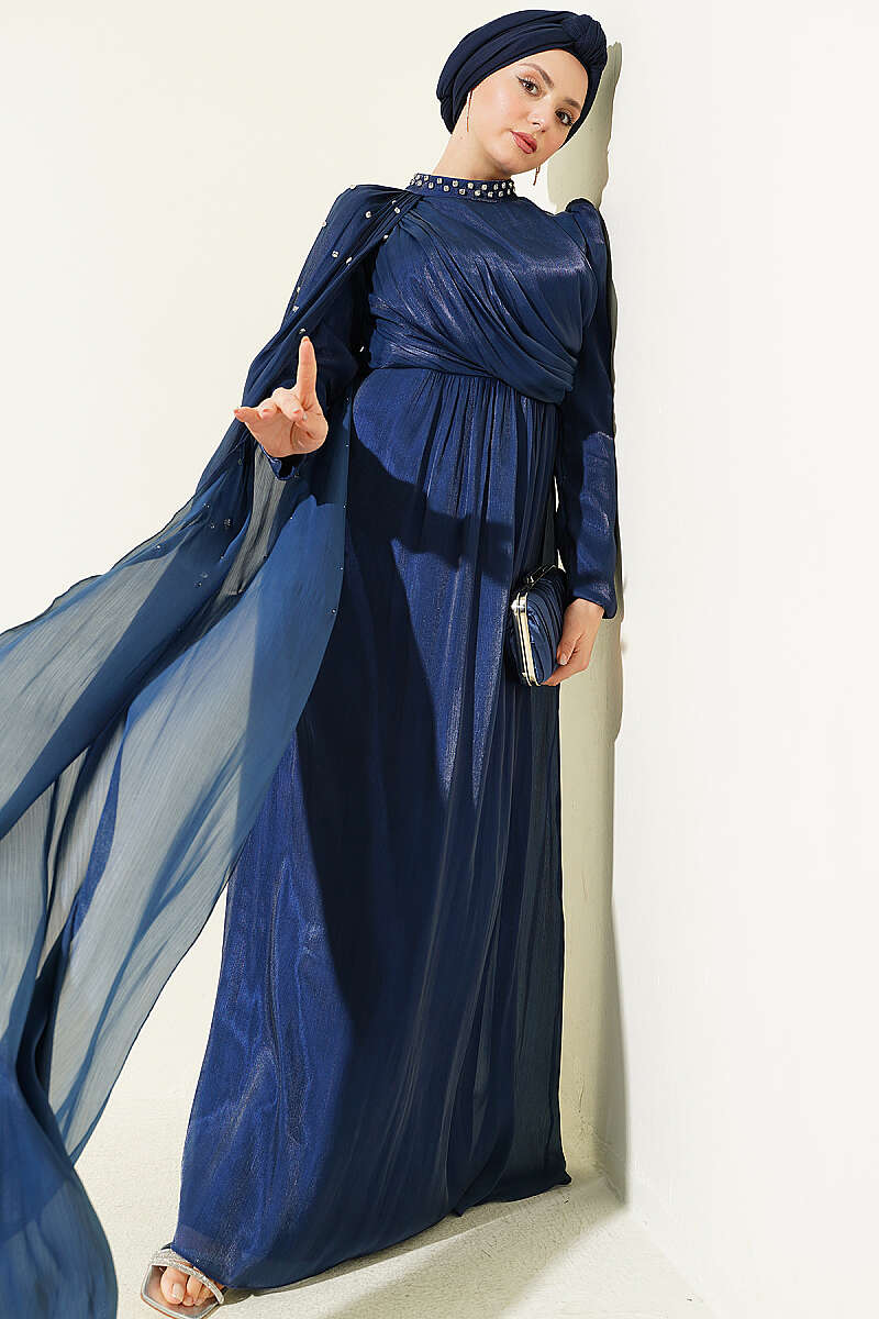 One-Shoulder Cape Evening Dress with Stones - Navy