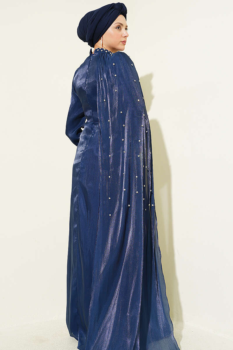 One-Shoulder Cape Evening Dress with Stones - Navy