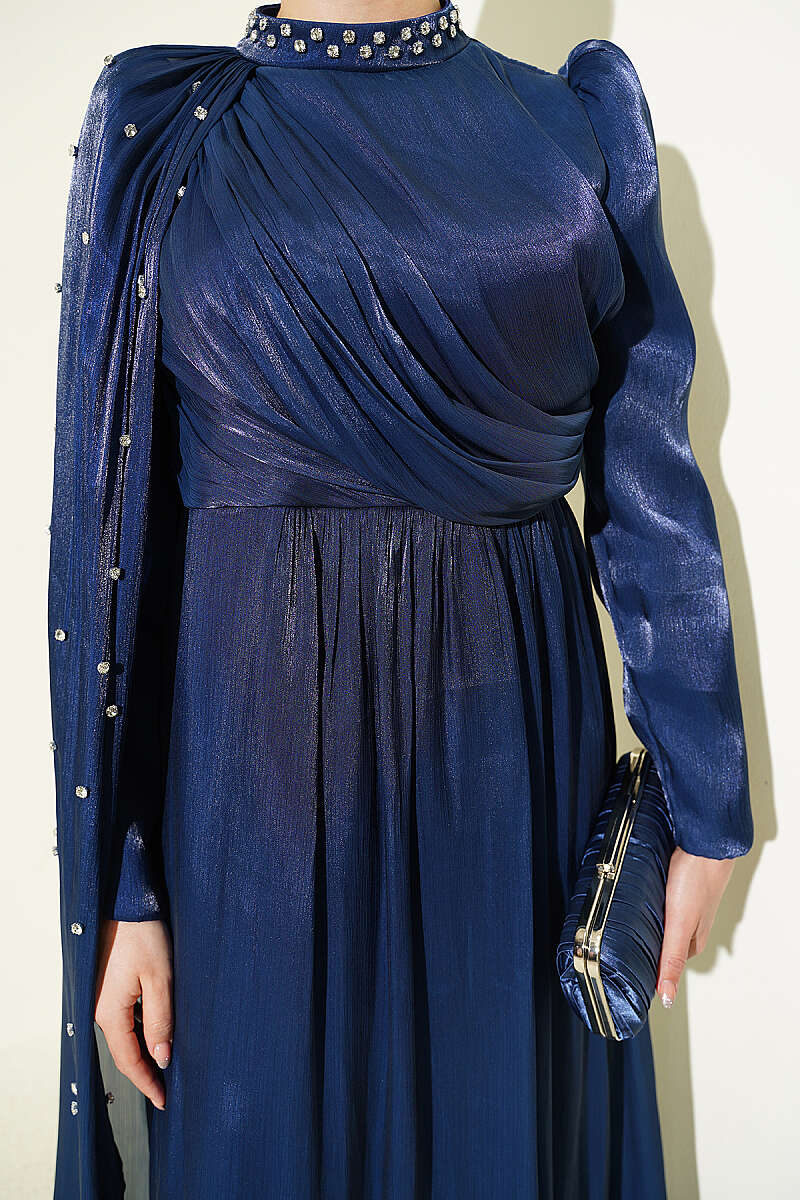 One-Shoulder Cape Evening Dress with Stones - Navy