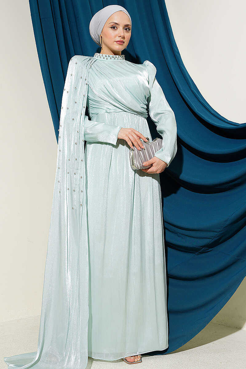 One-Shoulder Cape Evening Dress with Stones - Mint